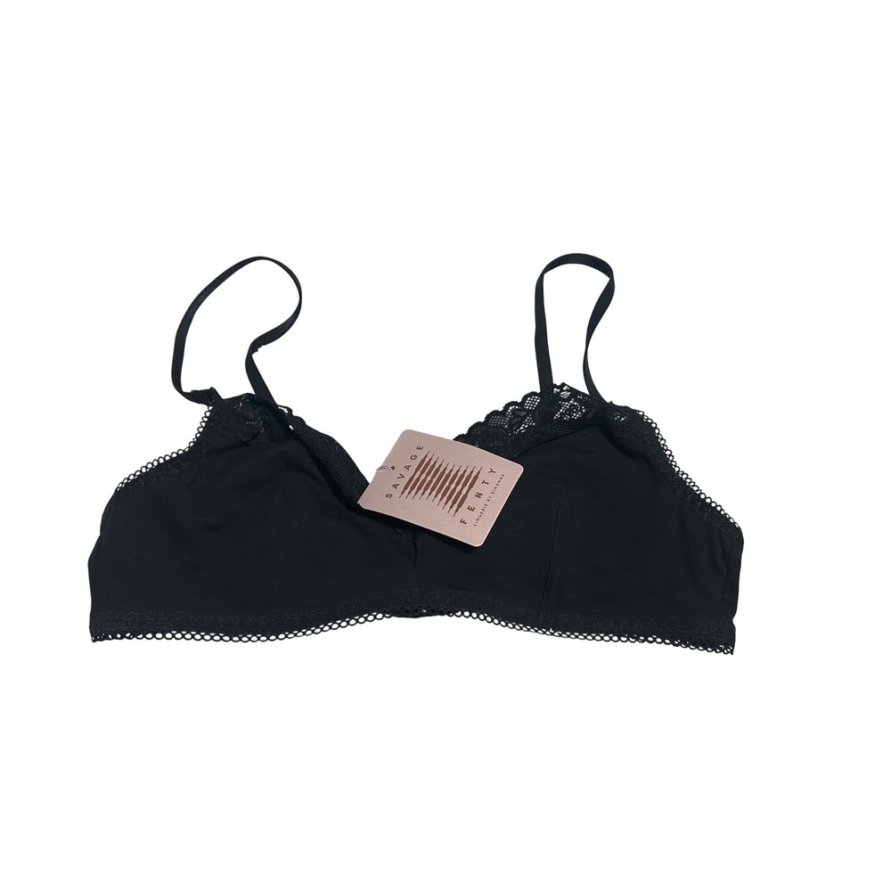 NWT Savage X Fenty Black Lace Trim Bralette Medium Cotton Blend Adjustable Strap